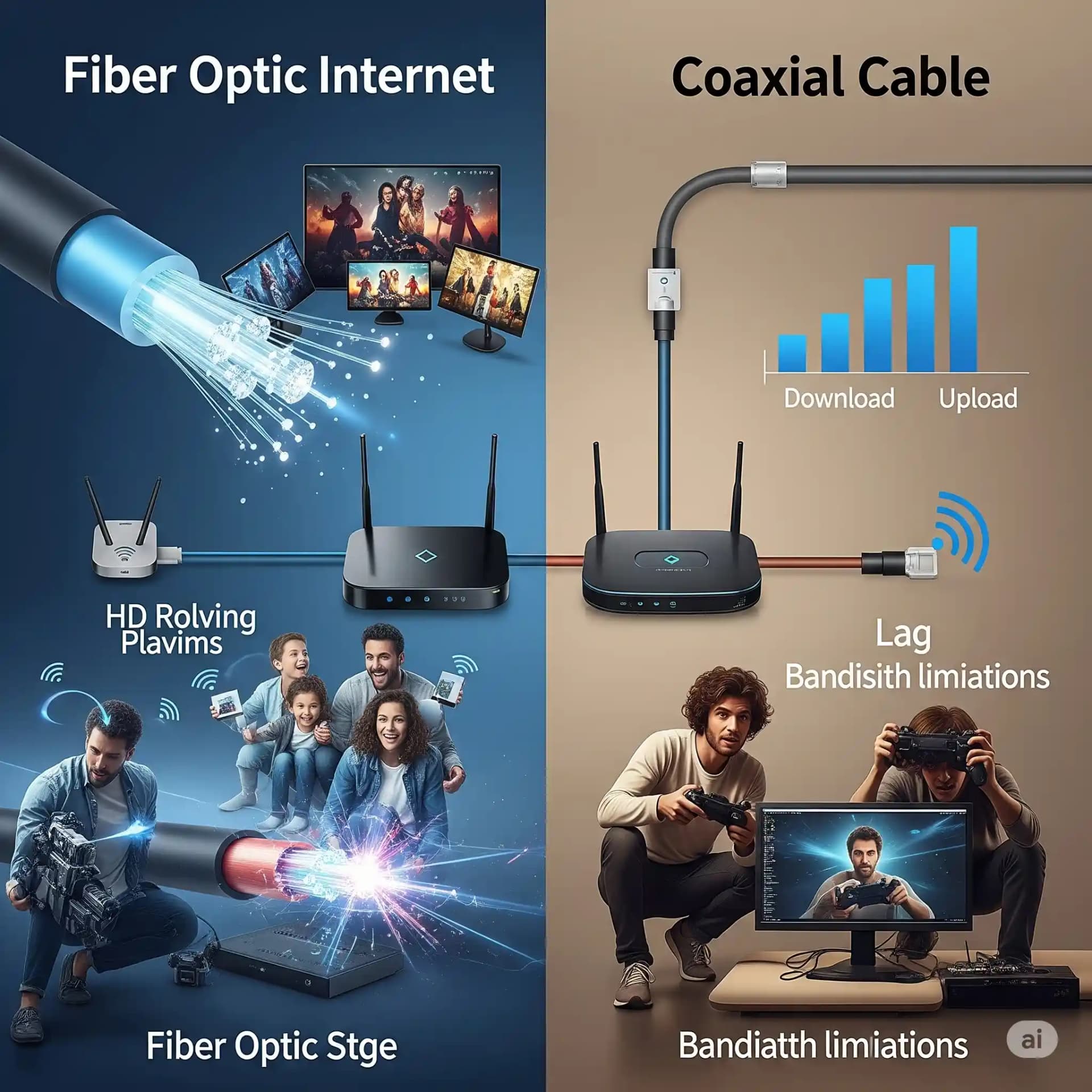 Comparação visual de cabos de fibra óptica e cabo coaxial